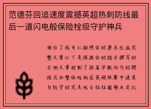 范德芬回追速度震撼英超热刺防线最后一道闪电般保险栓级守护神兵